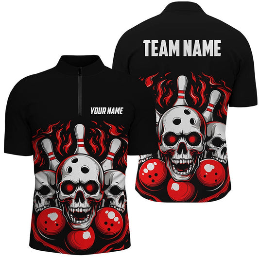 Custom Bowling Polo Shirts, Custom Red Skull Bowling Team Shirts, Flame Bowling Jerseys Bowlers Shirts For Men And Women