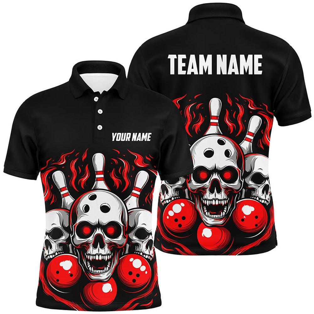 Custom Bowling Polo Shirts, Custom Red Skull Bowling Team Shirts, Flame Bowling Jerseys Bowlers Shirts For Men And Women