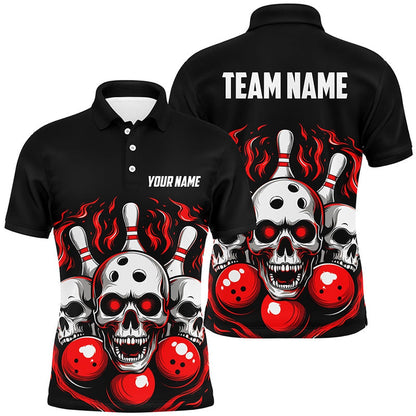 Custom Bowling Polo Shirts, Custom Red Skull Bowling Team Shirts, Flame Bowling Jerseys Bowlers Shirts For Men And Women