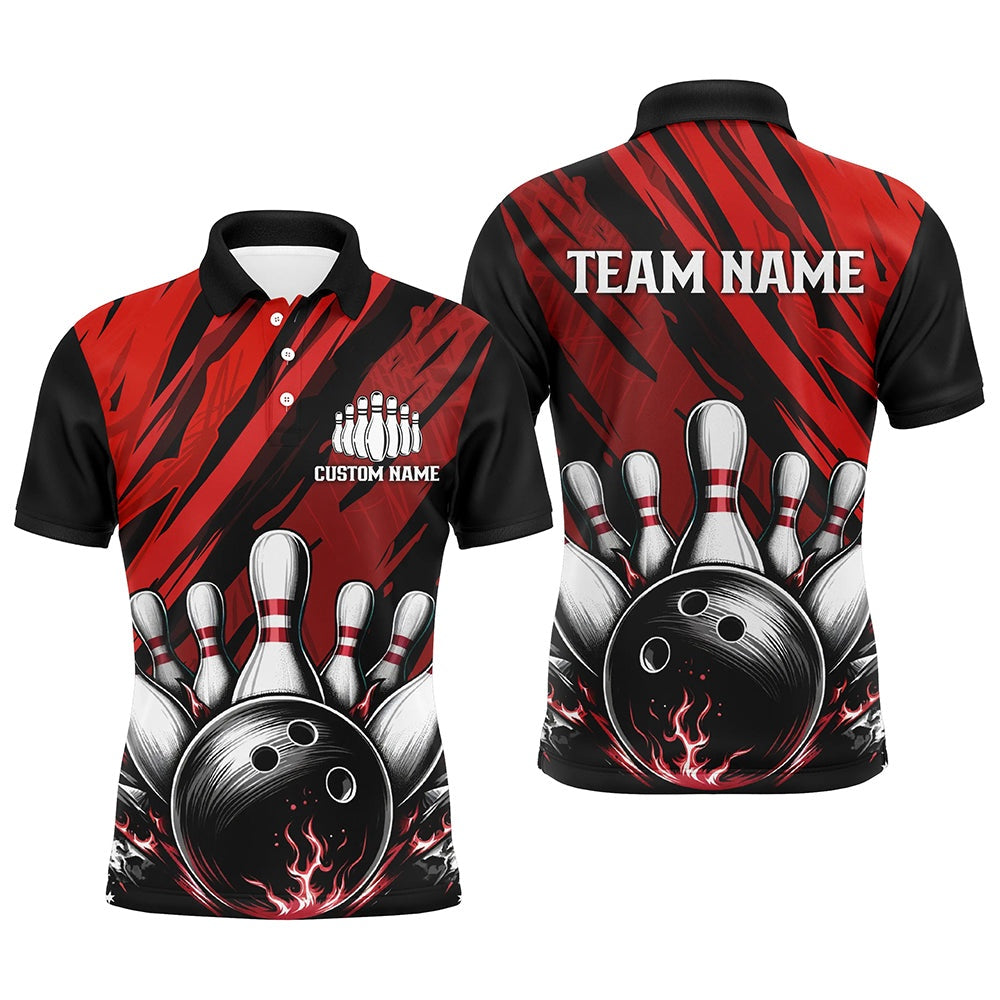 Custom Bowling Polo Shirts, Custom Red Strike Bowling Team Jerseys For Men And Women, Unisex Pin Bowling Tournament Shirts
