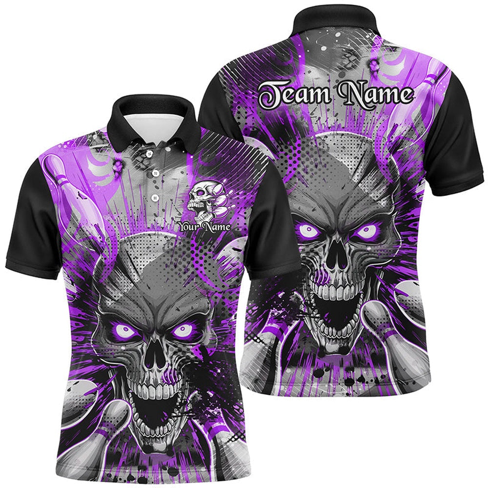 Custom Bowling Polo Shirts, Custom Short Sleeve Skull Bowling Shirts For Men, Halloween Bowling Shirt With Name Purple