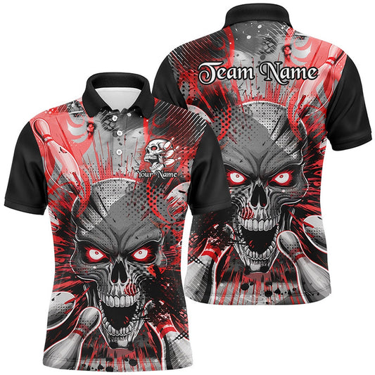 Custom Bowling Polo Shirts, Custom Short Sleeve Skull Bowling Shirts For Men, Halloween Bowling Shirt With Name Red