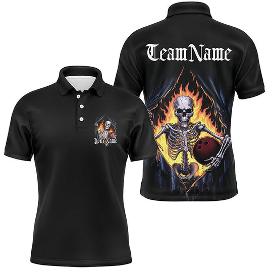 Custom Bowling Polo Shirts, Custom Skull Bowling Polo Shirts For Men, Skeleton Halloween Bowling Shirts Outfit Bowling