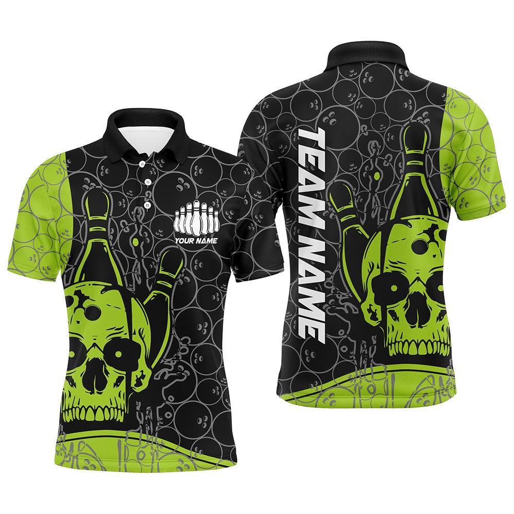 Custom Bowling Polo Shirts, Custom Skull Bowling Shirts For Men And Women, Green Bowling Team Jerseys Bowling Polo Shirt