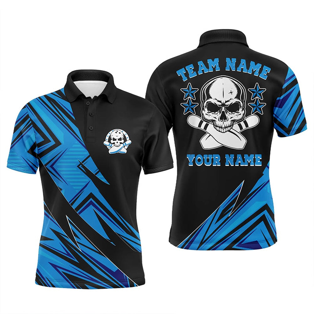Custom Bowling Polo Shirts, Custom Skull Bowling Shirts For Men And Women, Skull Bowling Team Jerseys Blue
