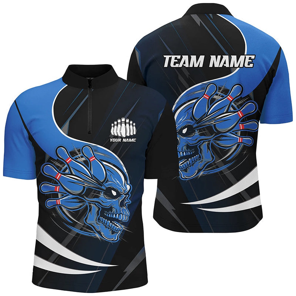 Custom Bowling Polo Shirts, Custom Skull Bowling Shirts For Men, Bowling Team Shirts Uniform Outfit Blue
