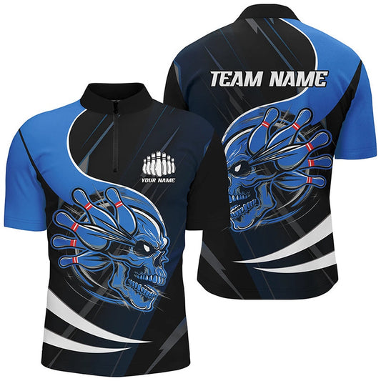 Custom Bowling Polo Shirts, Custom Skull Bowling Shirts For Men, Bowling Team Shirts Uniform Outfit Blue