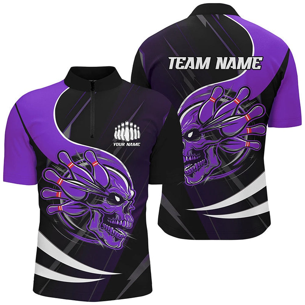 Custom Bowling Polo Shirts, Custom Skull Bowling Shirts For Men, Bowling Team Shirts Uniform Outfit Pulrple