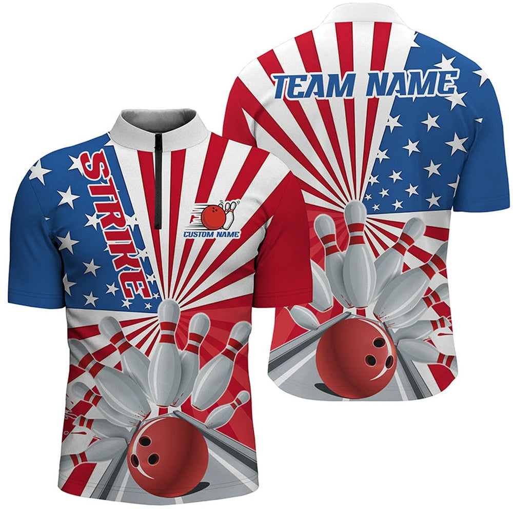 Custom Bowling Polo Shirts, Custom Strike Bowling Shirts For Men And Women, Patriotic Bowling Tournament Team Shirt