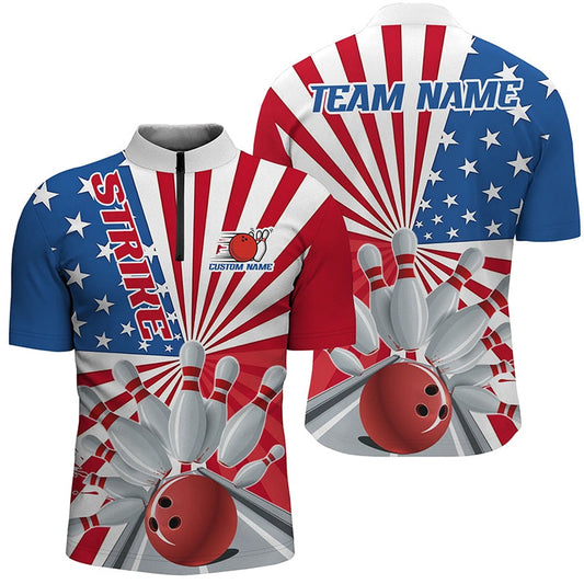 Custom Bowling Polo Shirts, Custom Strike Bowling Shirts For Men And Women, Patriotic Bowling Tournament Team Shirt
