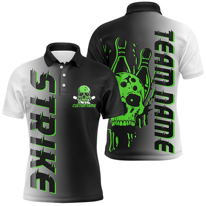Custom Bowling Polo Shirts, Custom Strike Bowling Team Shirts For Men And Women, Skull Bowling Jerseys With Team Name Green
