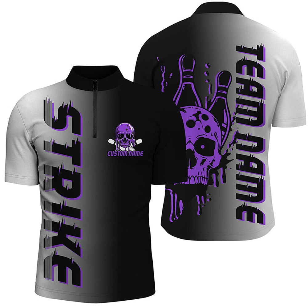 Custom Bowling Polo Shirts, Custom Strike Bowling Team Shirts For Men And Women, Skull Bowling Jerseys With Team Name Purple