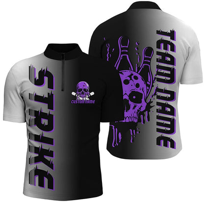 Custom Bowling Polo Shirts, Custom Strike Bowling Team Shirts For Men And Women, Skull Bowling Jerseys With Team Name Purple