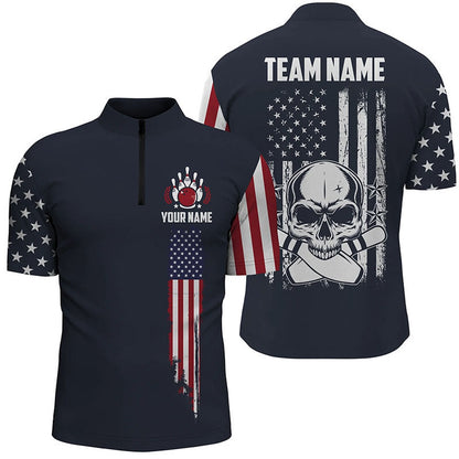 Custom Bowling Polo Shirts, Custom Vintage Skull Bowling Shirts For Men, Retro Style Patriotic Bowling Team Shirts Outfit
