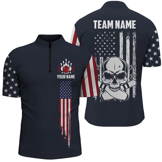 Custom Bowling Polo Shirts, Custom Vintage Skull Bowling Shirts For Men, Retro Style Patriotic Bowling Team Shirts Outfit