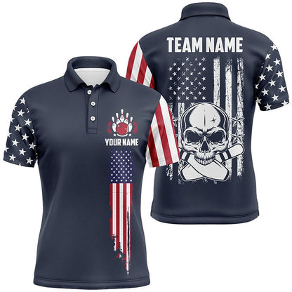 Custom Bowling Polo Shirts, Custom Vintage Skull Bowling Shirts For Men, Retro Style Patriotic Bowling Team Shirts Outfit
