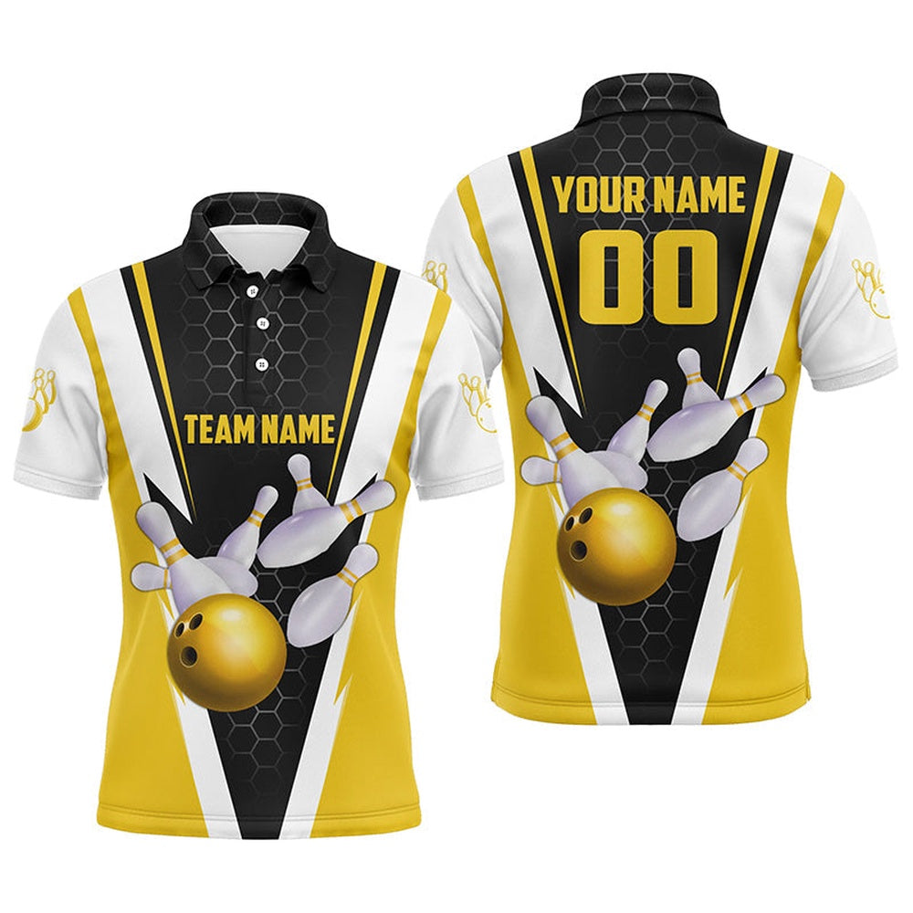 Custom Bowling Polo Shirts, Custom Yellow Strike Bowling Polo Shirts For Men, Bowling Team Jerseys With Name And Number