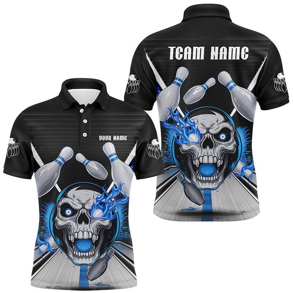 Custom Bowling Polo Shirts, Customizable Blue Flame Bowling Shirts, Skull Bowling Polo Shirt For Men