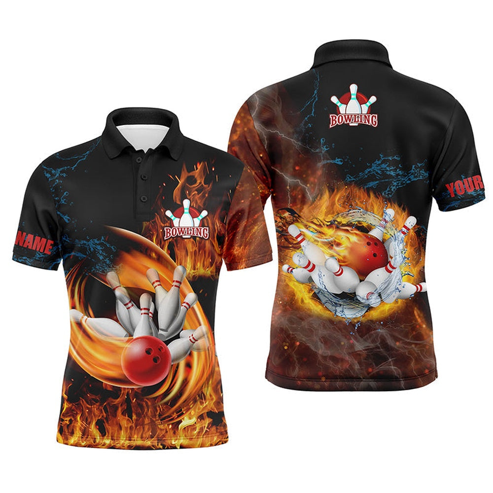 Custom Bowling Polo Shirts, Customize Bowling Shirts For Men Flame Bowling Ball And Pins Team Shirt, Bowling Jerseys