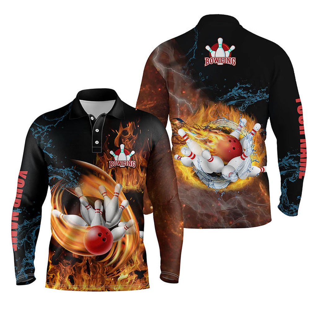 Custom Bowling Polo Shirts, Customize Bowling Shirts For Men Flame Bowling Ball And Pins Team Shirt, Bowling Jerseys