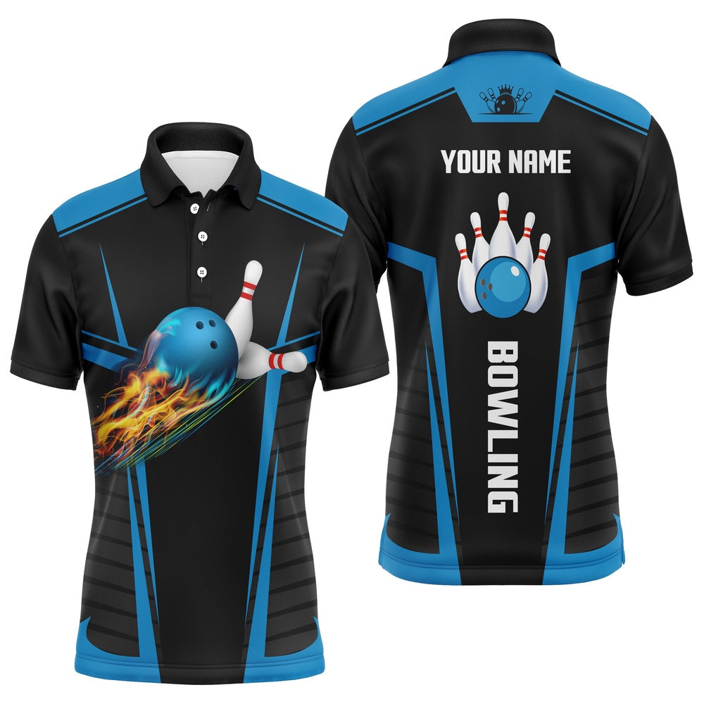 Custom Bowling Polo Shirts, Customize Bowling Shirts For Men With Flame Bowling Balls And Pins Black Blue Bowling Jerseys