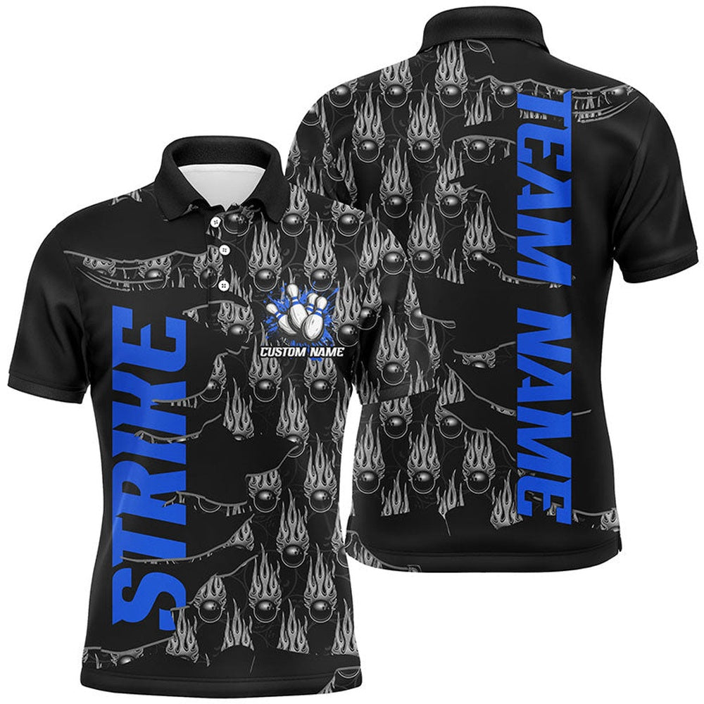 Custom Bowling Polo Shirts, Customize Name Strike Bowling Shirts For Men And Women, Flame Bowling Balls Bowler Outfits Blue