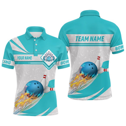 Custom Bowling Polo Shirts, Cyan Blue Bowling Polo Shirts For Men Custom Camo Flame Bowling Ball Pins Team League Jerseys
