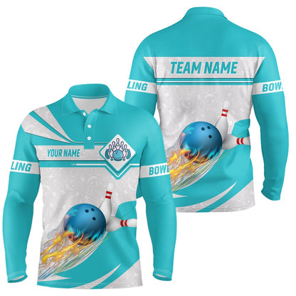 Custom Bowling Polo Shirts, Cyan Blue Bowling Polo Shirts For Men Custom Camo Flame Bowling Ball Pins Team League Jerseys