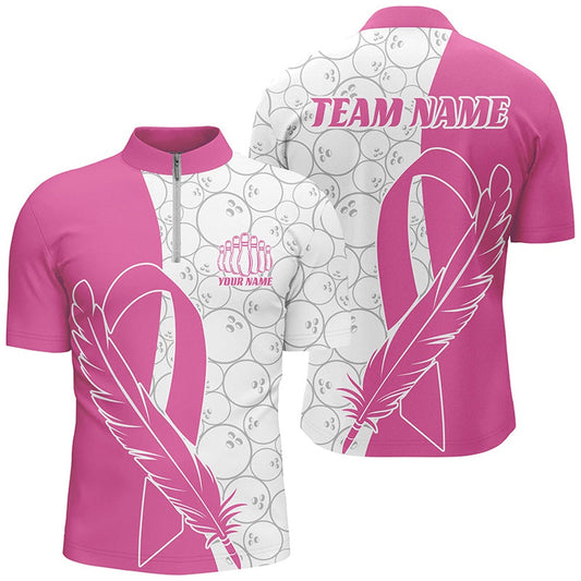 Custom Bowling Polo Shirts, Feather Pink Ribbon Breast Cancer Custom Bowling Shirts For Men And Women, Pink Bowling Jerseys