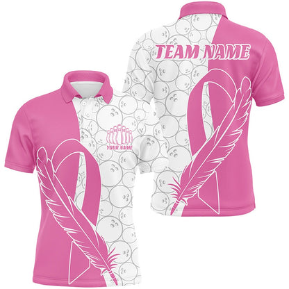 Custom Bowling Polo Shirts, Feather Pink Ribbon Breast Cancer Custom Bowling Shirts For Men And Women, Pink Bowling Jerseys