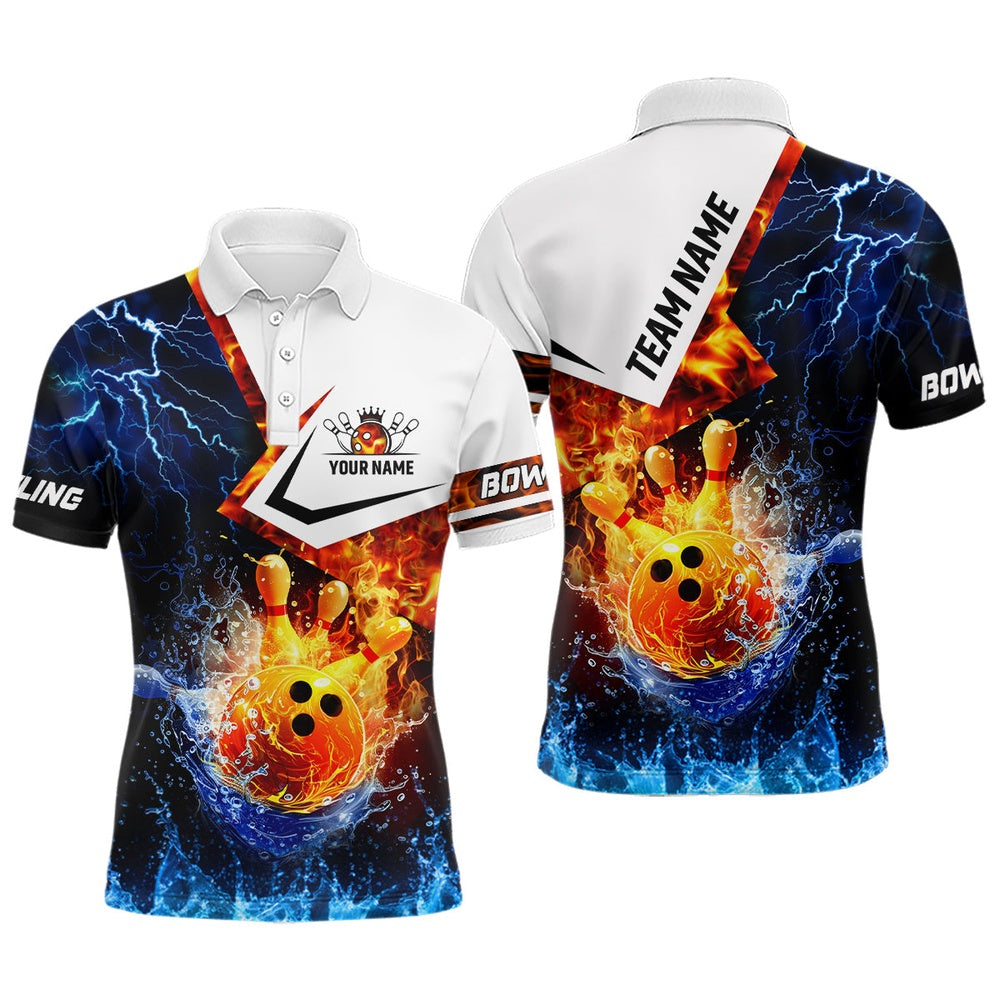 Custom Bowling Polo Shirts, Fire And Water Bowling Ball Pins Bowling Shirts For Men Custom Lightning Team Bowling Jerseys