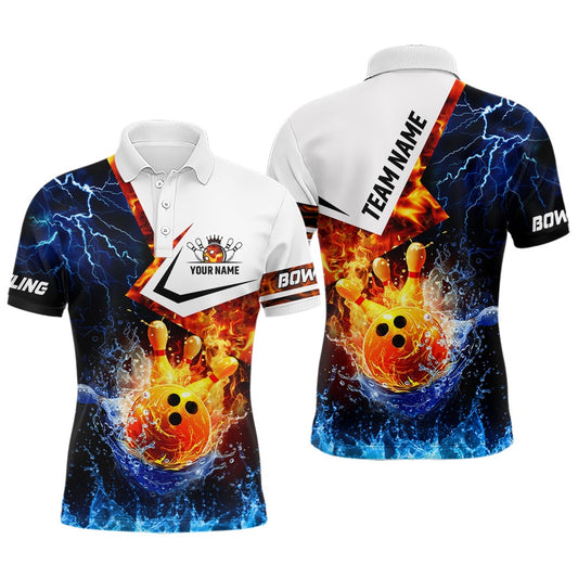 Custom Bowling Polo Shirts, Fire And Water Bowling Ball Pins Bowling Shirts For Men Custom Lightning Team Bowling Jerseys