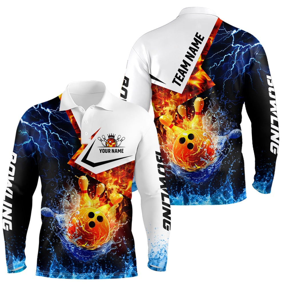Custom Bowling Polo Shirts, Fire And Water Bowling Ball Pins Bowling Shirts For Men Custom Lightning Team Bowling Jerseys