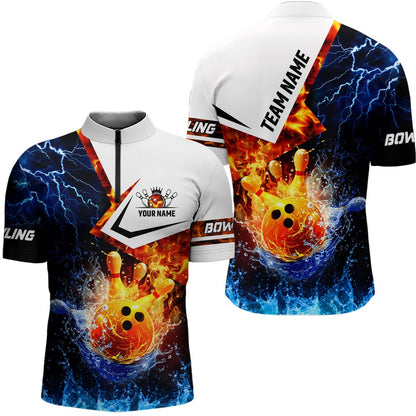 Custom Bowling Polo Shirts, Fire And Water Bowling Ball Pins Bowling Shirts For Men Custom Lightning Team Bowling Jerseys