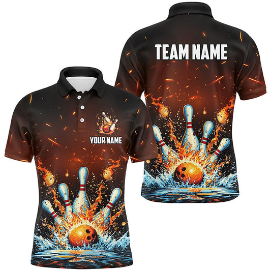 Custom Bowling Polo Shirts, Fire And Water Bowling Ball Pins Jersey Polo, Zip Shirt For Men Custom Flame Bowling Team Shirts