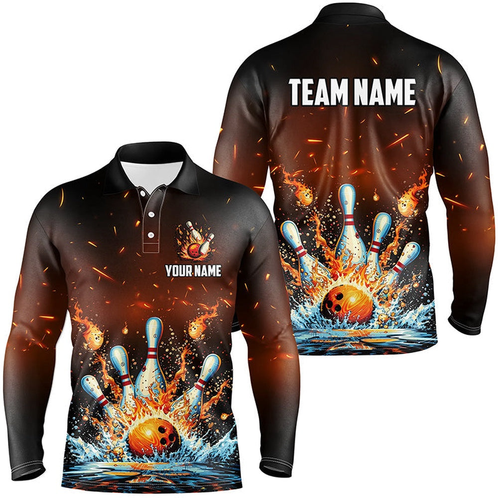 Custom Bowling Polo Shirts, Fire And Water Bowling Ball Pins Jersey Polo, Zip Shirt For Men Custom Flame Bowling Team Shirts