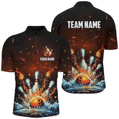 Custom Bowling Polo Shirts, Fire And Water Bowling Ball Pins Jersey Polo, Zip Shirt For Men Custom Flame Bowling Team Shirts