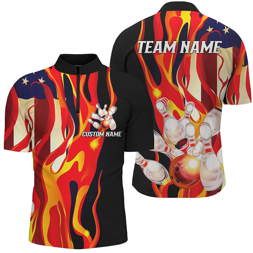 Custom Bowling Polo Shirts, Flame American Flag Custom Bowling Team Shirts For Men And Women, Patriotic Bowling Jerseys