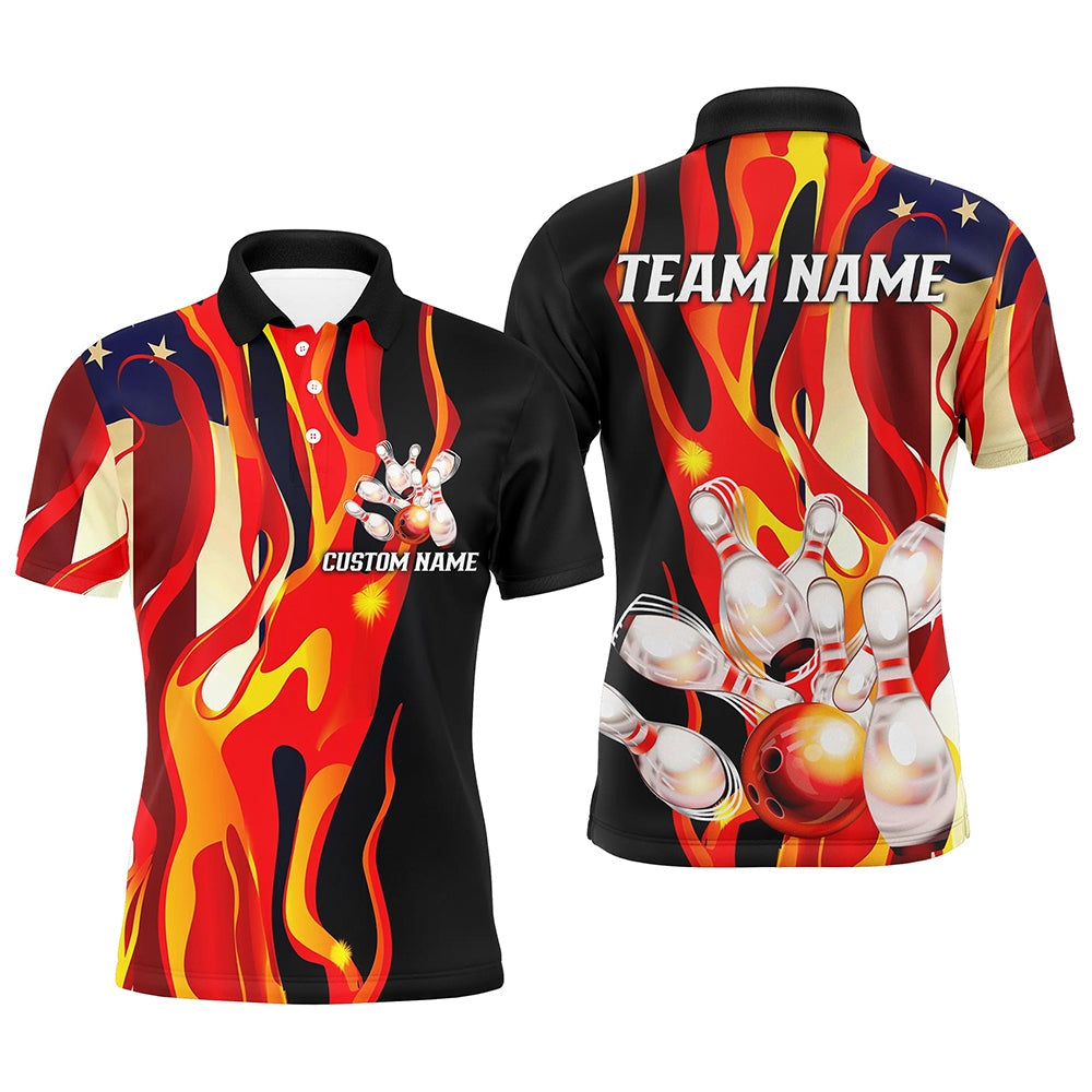 Custom Bowling Polo Shirts, Flame American Flag Custom Bowling Team Shirts For Men And Women, Patriotic Bowling Jerseys