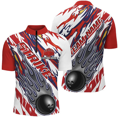 Custom Bowling Polo Shirts, Flame American Flag Custom Unisex Bowling Team Shirts, Patriotic Strike Bowling Outfits