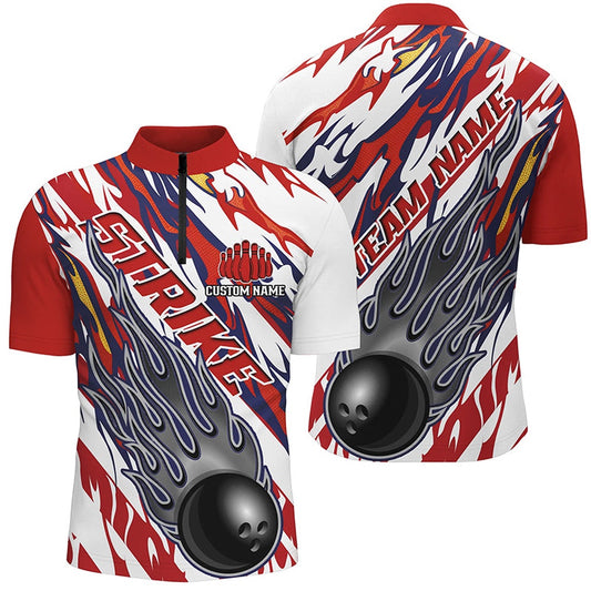 Custom Bowling Polo Shirts, Flame American Flag Custom Unisex Bowling Team Shirts, Patriotic Strike Bowling Outfits