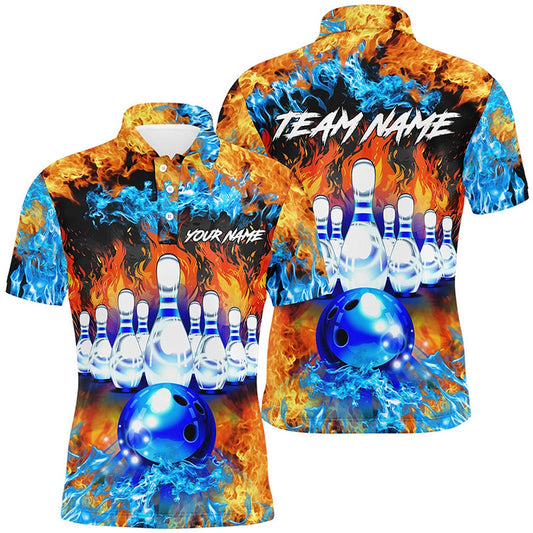 Custom Bowling Polo Shirts, Flame Bowling Ball And Pins Bowling Polo Shirts For Men Custom Blue Fire Bowling Team League Jerseys