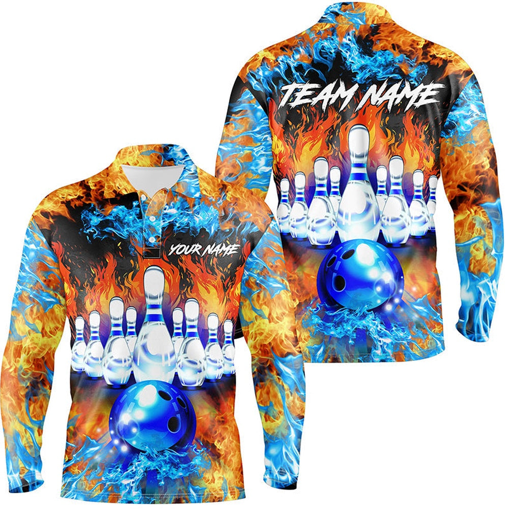 Custom Bowling Polo Shirts, Flame Bowling Ball And Pins Bowling Polo Shirts For Men Custom Blue Fire Bowling Team League Jerseys