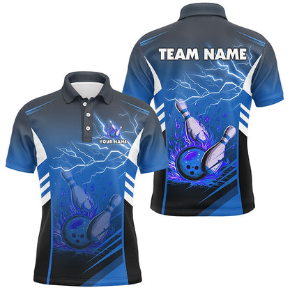 Custom Bowling Polo Shirts, Flame Bowling Ball And Pins Lightning Custom Men Bowling Polo Shirts, Team Bowling Jerseys Blue