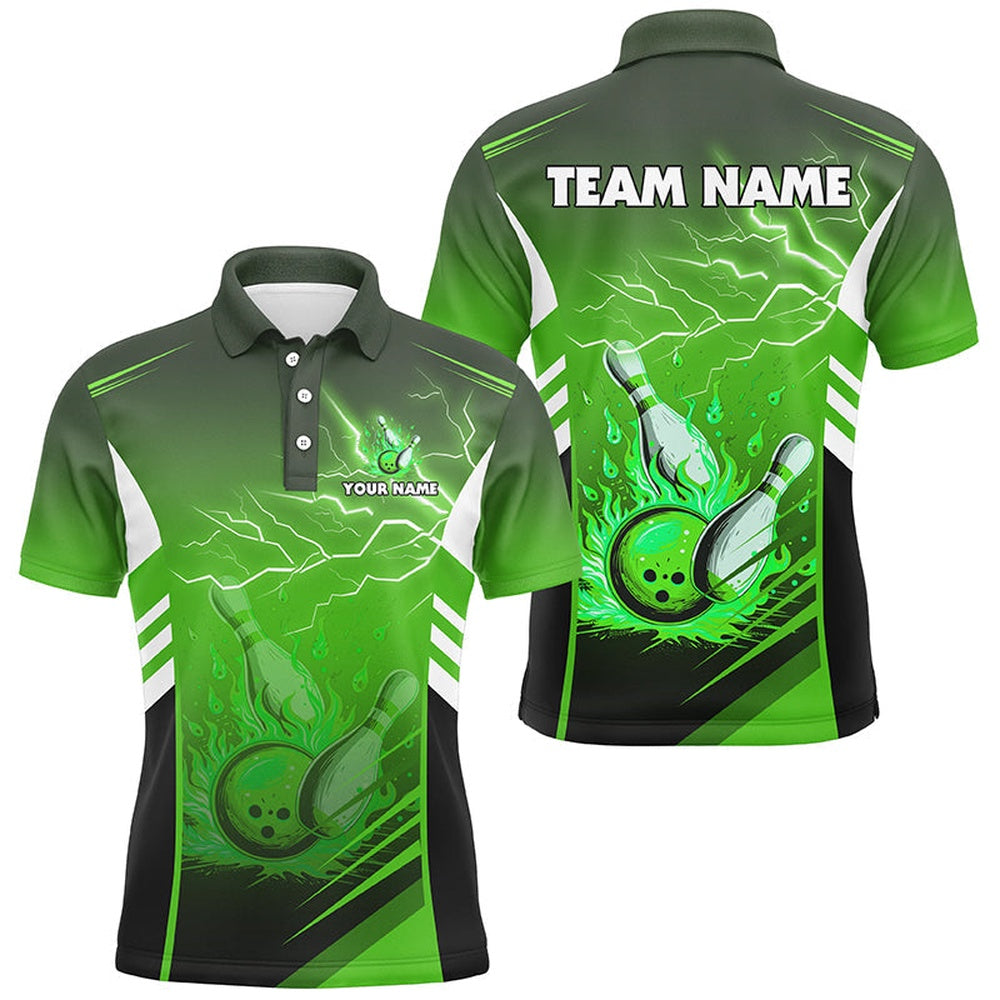 Custom Bowling Polo Shirts, Flame Bowling Ball And Pins Lightning Custom Men Bowling Polo Shirts, Team Bowling Jerseys Green