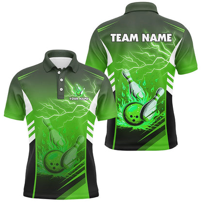 Custom Bowling Polo Shirts, Flame Bowling Ball And Pins Lightning Custom Men Bowling Polo Shirts, Team Bowling Jerseys Green