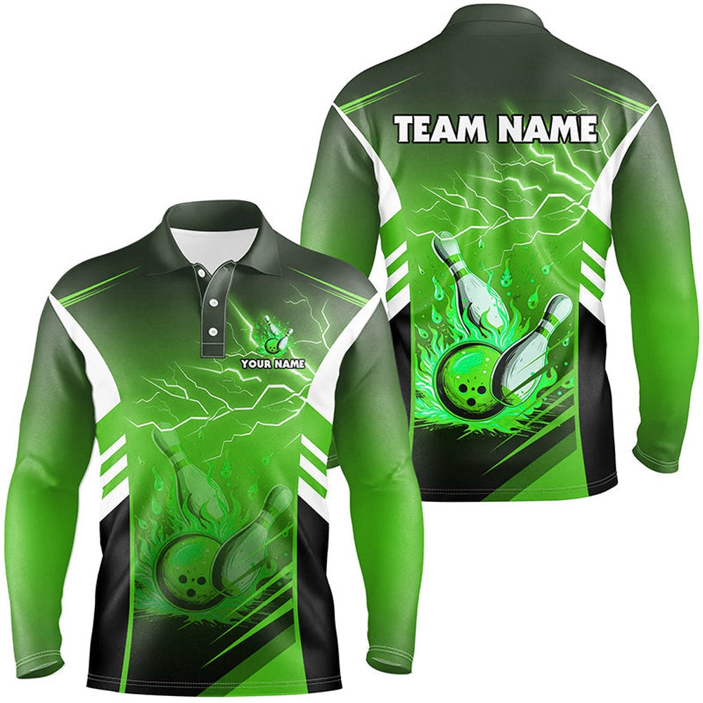 Custom Bowling Polo Shirts, Flame Bowling Ball And Pins Lightning Custom Men Bowling Polo Shirts, Team Bowling Jerseys Green