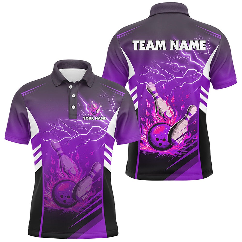 Custom Bowling Polo Shirts, Flame Bowling Ball And Pins Lightning Custom Men Bowling Polo Shirts, Team Bowling Jerseys Purple