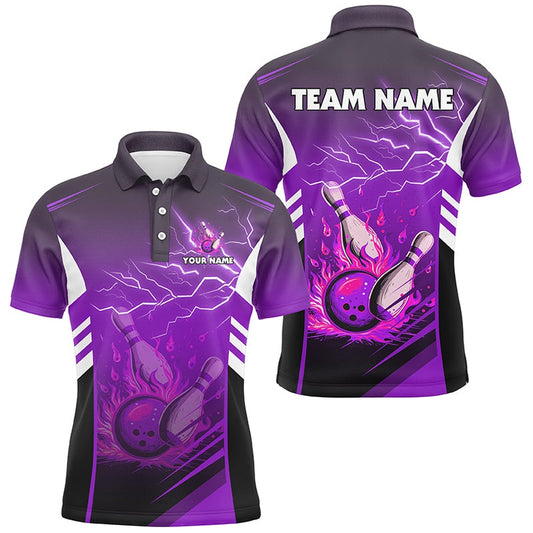 Custom Bowling Polo Shirts, Flame Bowling Ball And Pins Lightning Custom Men Bowling Polo Shirts, Team Bowling Jerseys Purple