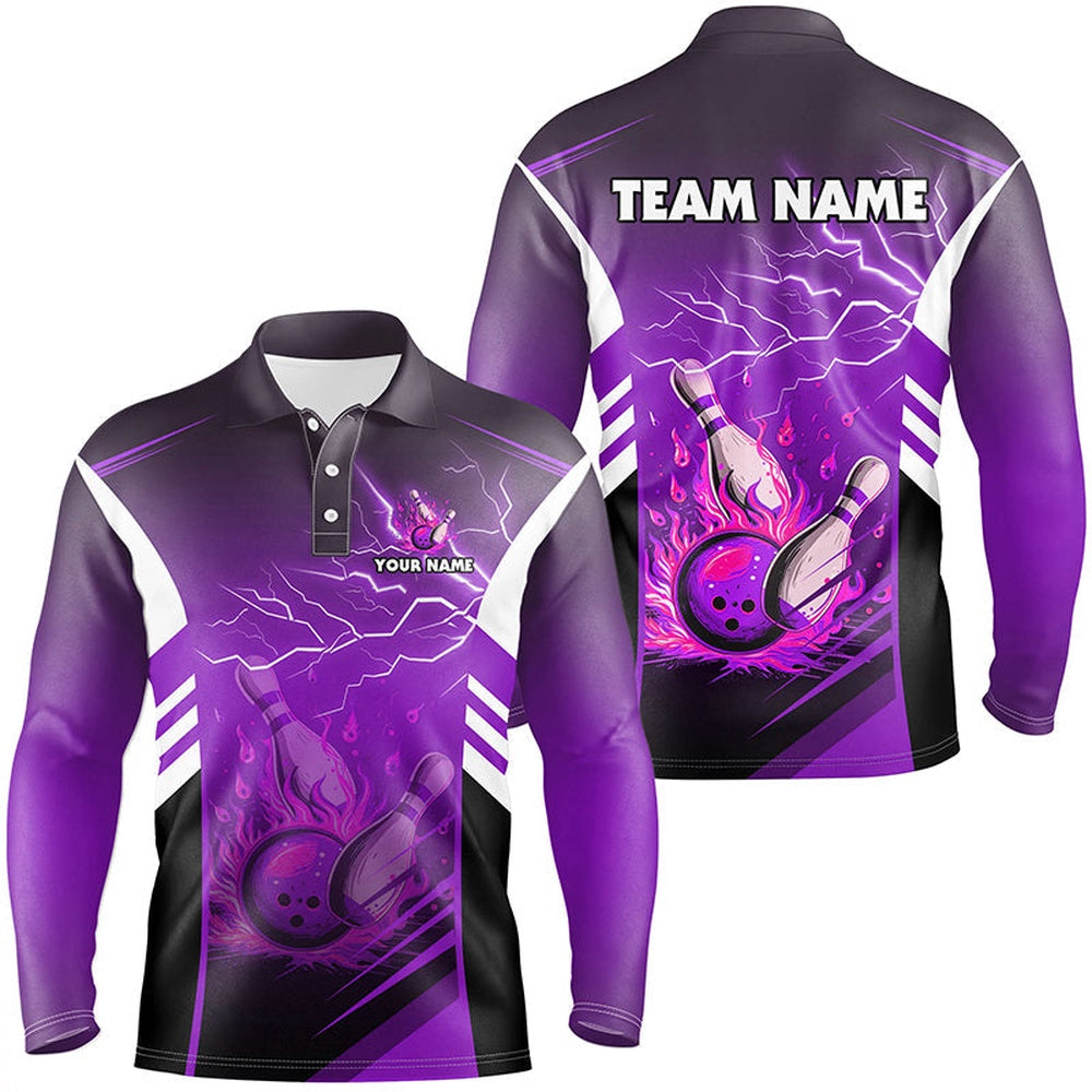 Custom Bowling Polo Shirts, Flame Bowling Ball And Pins Lightning Custom Men Bowling Polo Shirts, Team Bowling Jerseys Purple